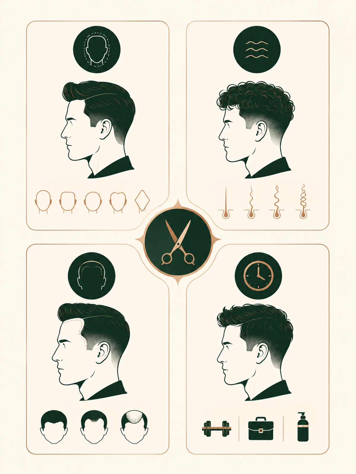 Infographic showing how to choose the right men’s haircut by checking face shape, hair type, hairline and daily routine
