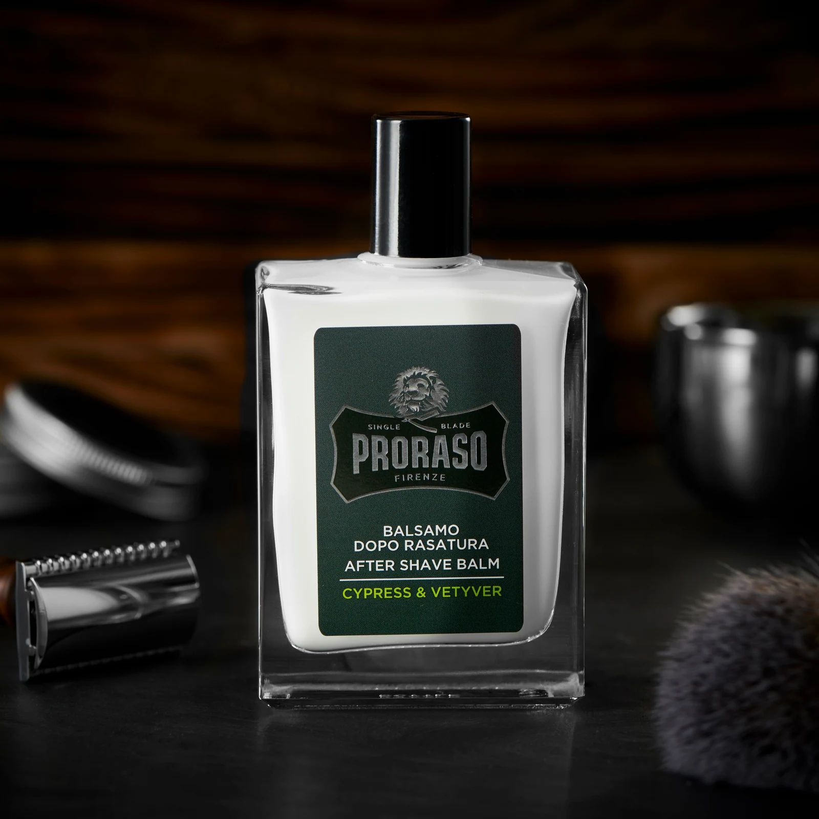 Proraso Cypress and Vetyver After Shave Balm beside traditional shaving tools