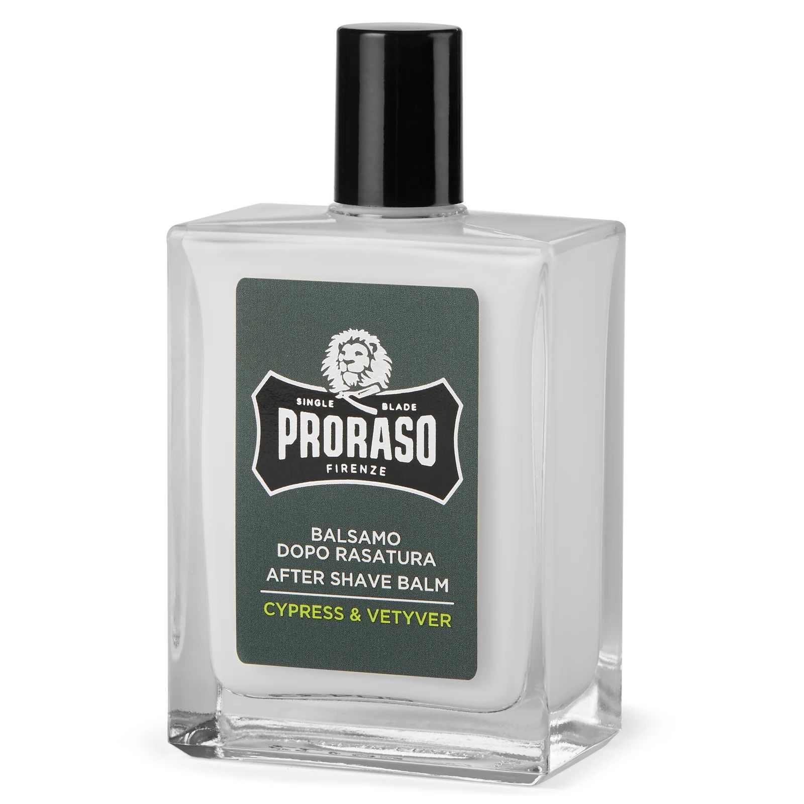 Three-quarter view of the Proraso Cypress and Vetyver After Shave Balm bottle