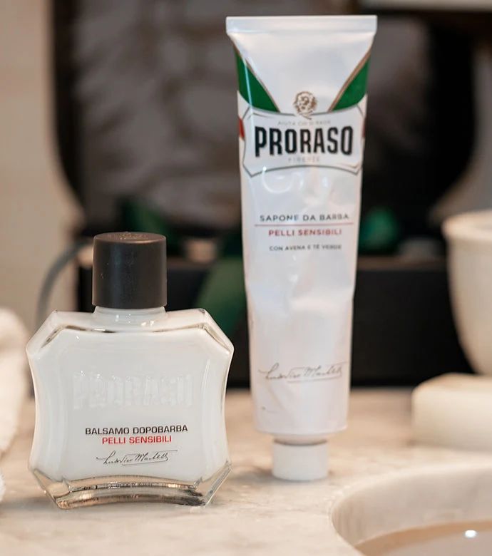 Proraso - After Shave Balm - Sensitive - 25ml: Proraso Sensitive After Shave Balm and Proraso Sensitive Shaving Cream Tube on bathroom counter., view 7