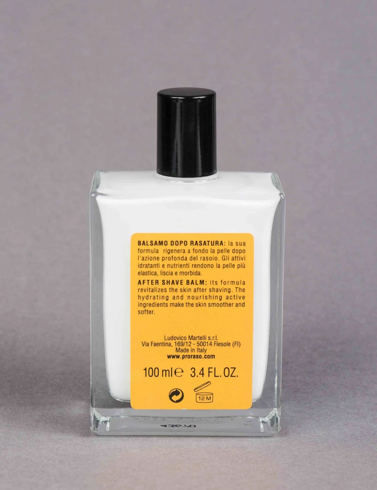 Back label of Proraso Wood and Spice After Shave Balm 100ml