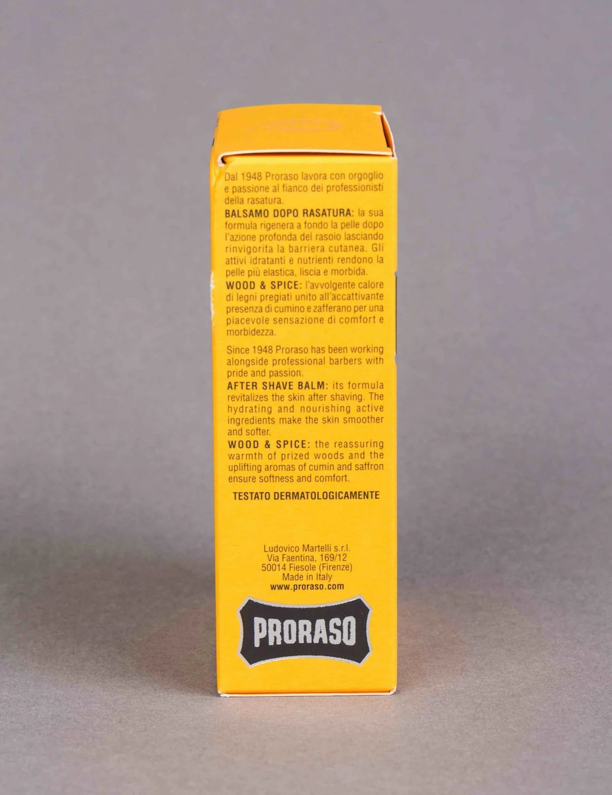 Back of the Proraso Wood and Spice After Shave Balm 100ml box