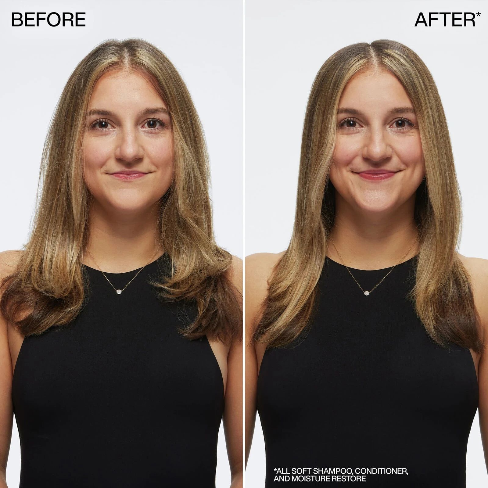 Hair before and after the Redken All Soft shampoo and conditioner routine