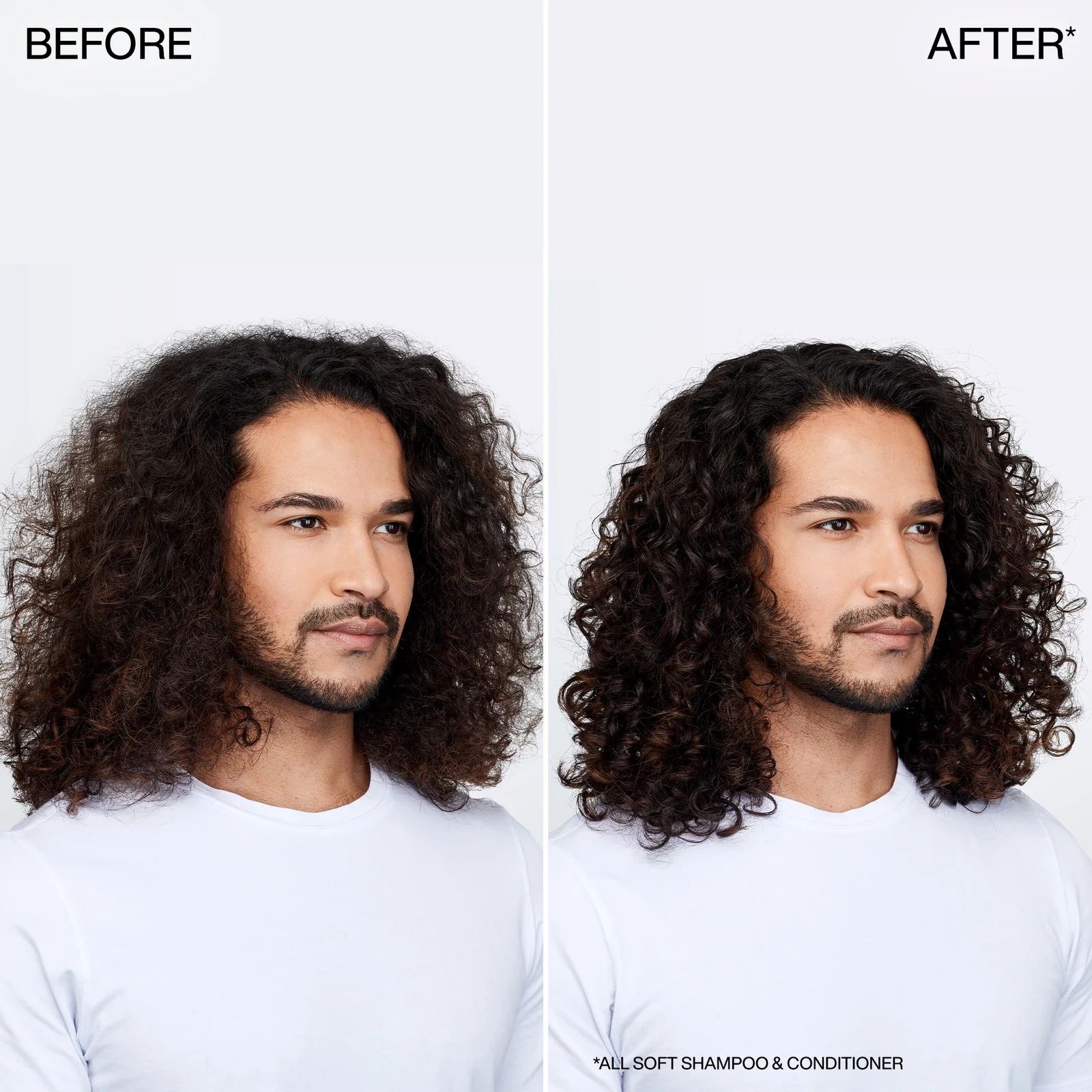 Front view of hair before and after the Redken All Soft routine