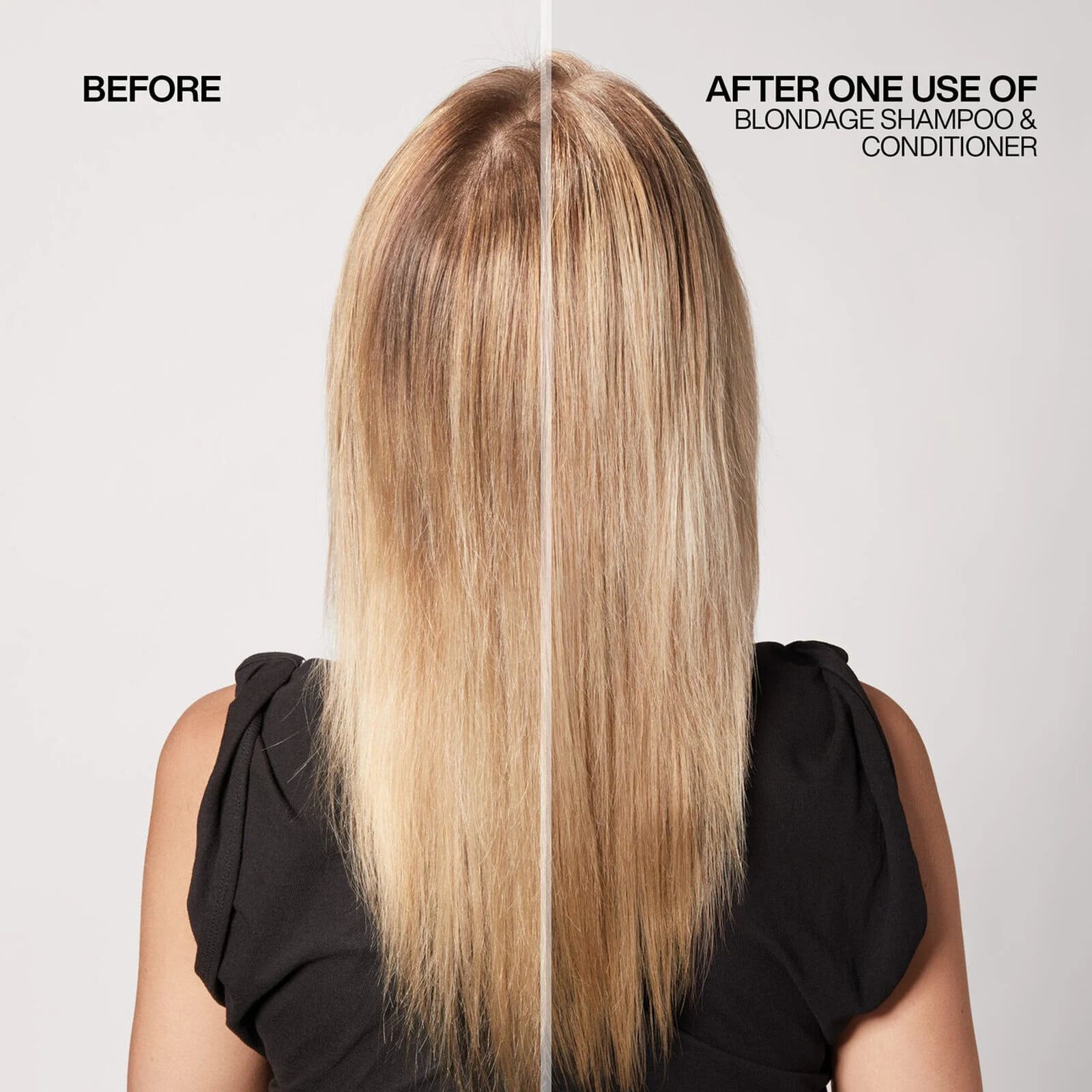 Blonde hair before and after the Redken Blondage shampoo and conditioner routine
