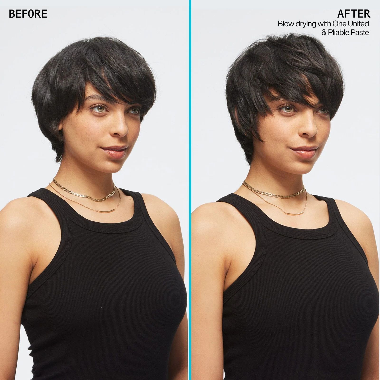 Hair before and after styling with Redken Rewind 06 Pliable Styling Paste