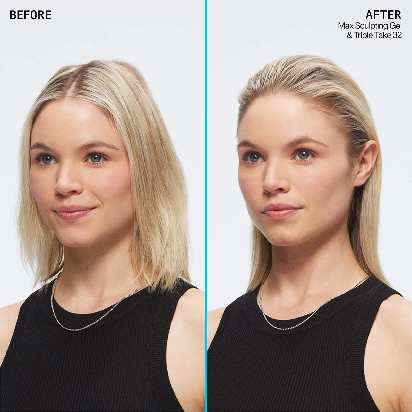 Hair before and after styling with Redken Max Sculpting Gel