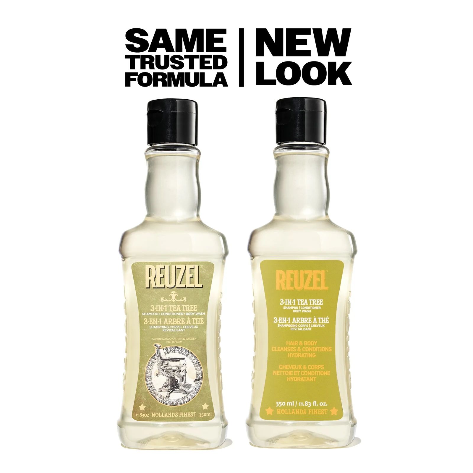 Two bottles of Reuzel 3-in-1 Tea Tree Shampoo in a bottle with text 'Same Trusted Formula, New Look', view 8