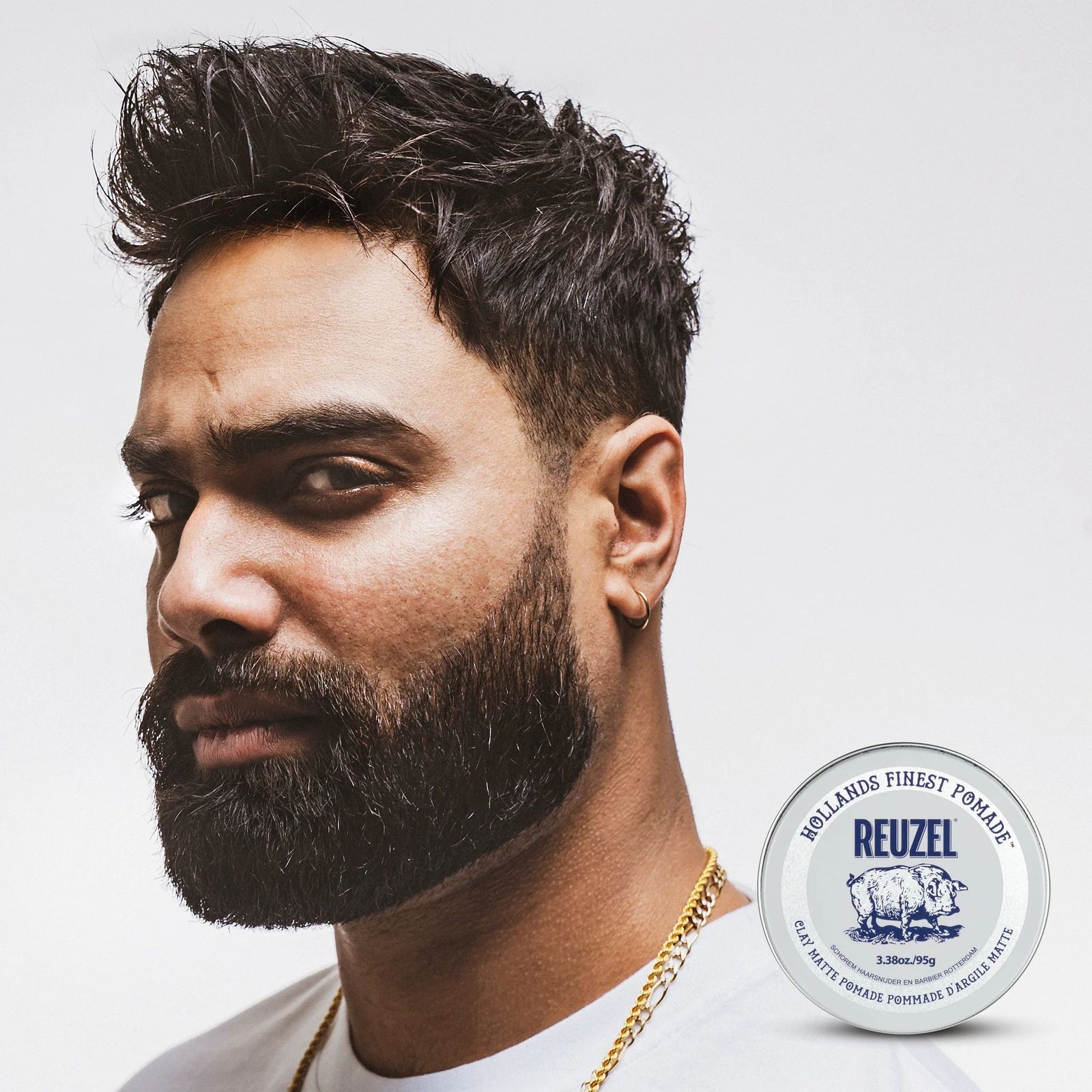 Model with hair styled with Clay Matte Pomade, view 7