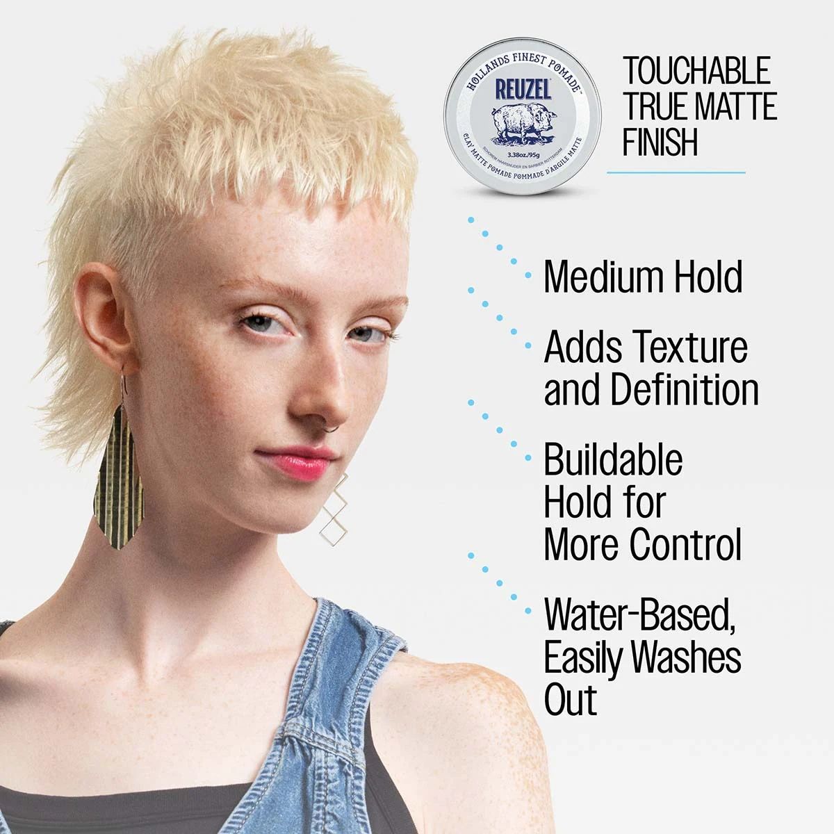 Reuzel Clay Matte Pomade - 95g: Touchable true matte finish medium hold adds texture and definition buildable hold for more control water-based, easil
