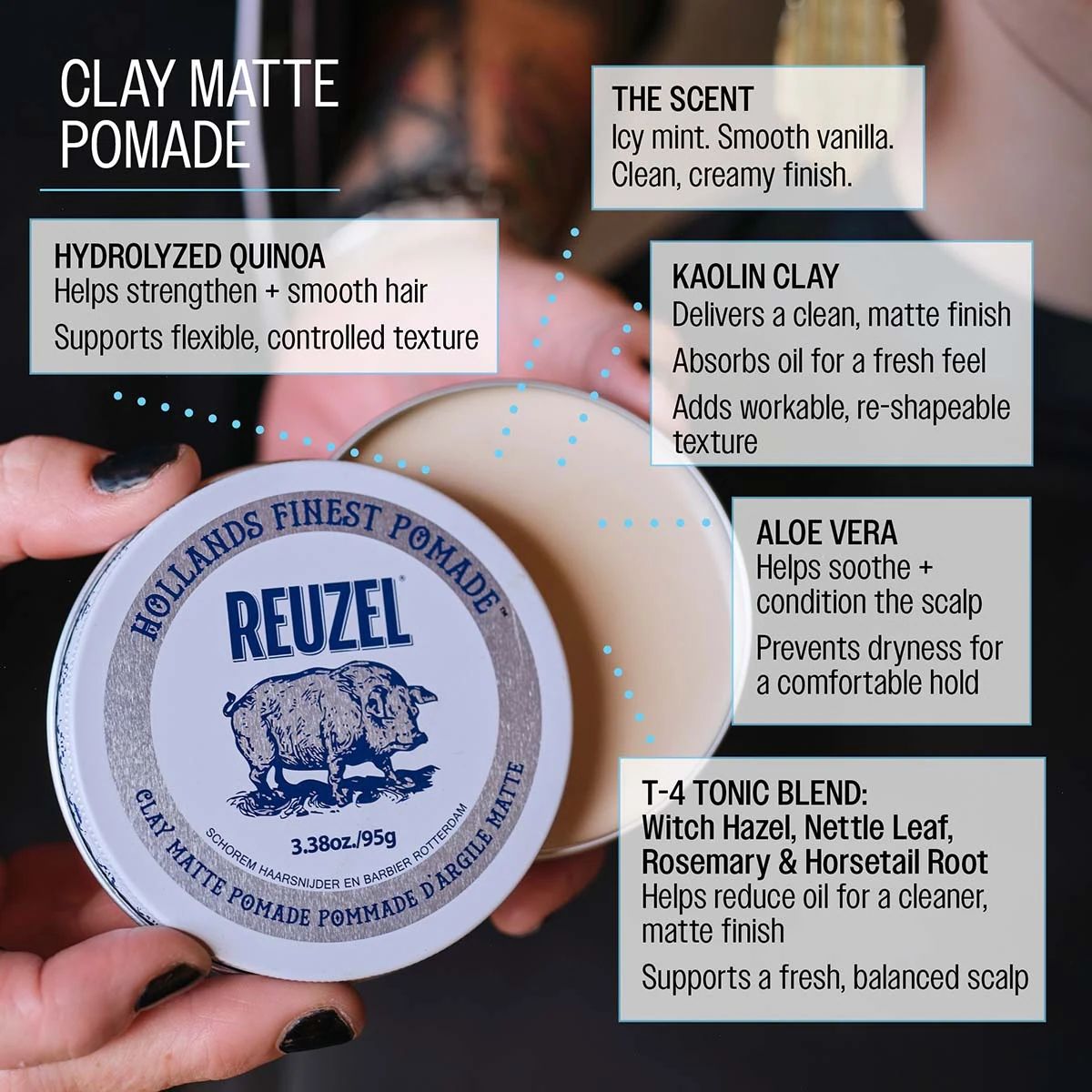 Reuzel Clay Matte Pomade - 95g professional styling result and application, view 5