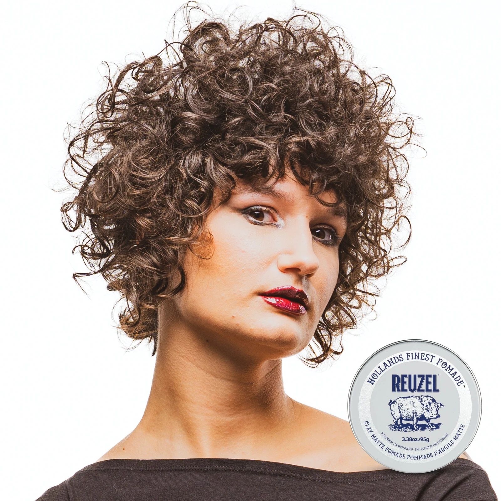 Model with hair styled with Clay Matte Pomade, view 6