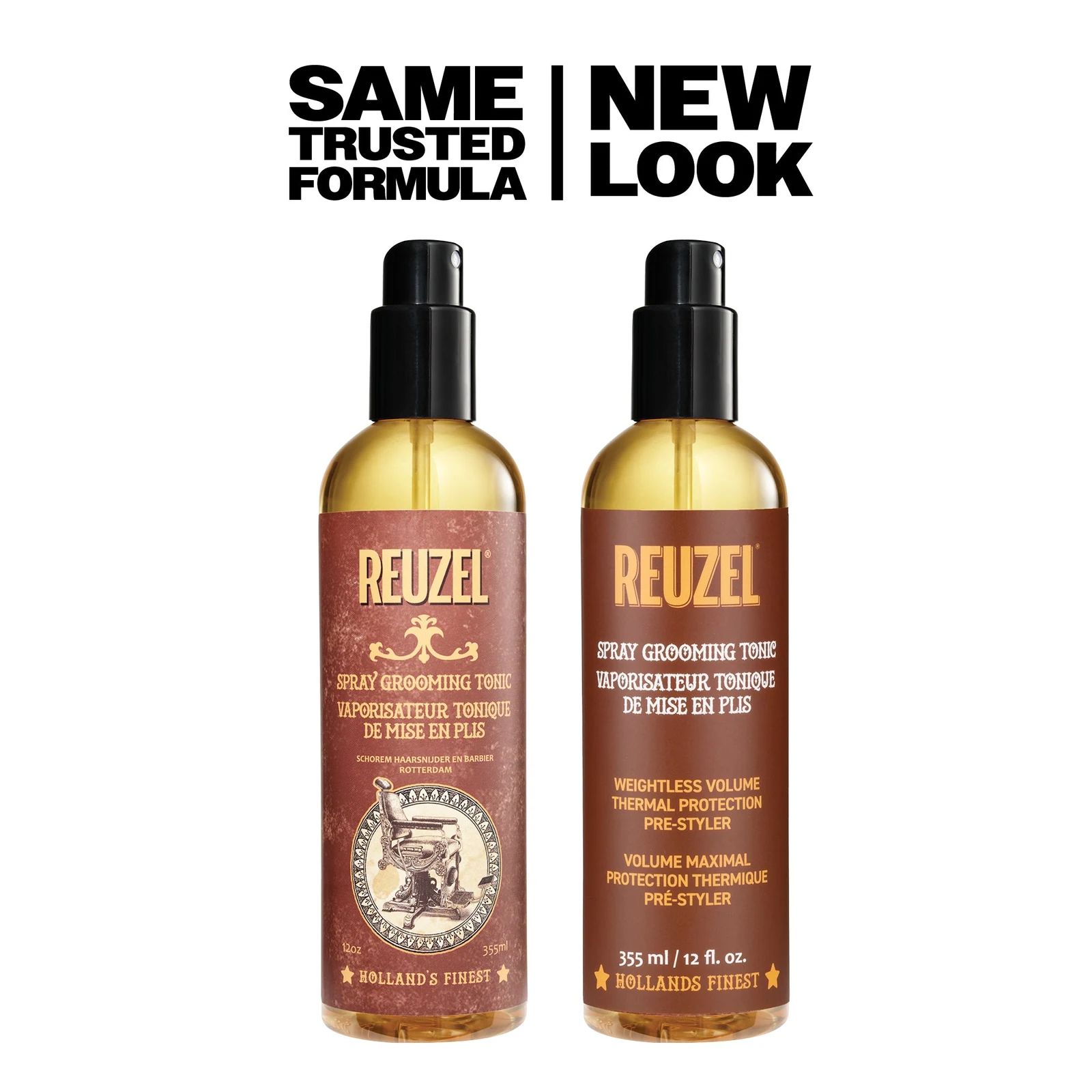 "Same trusted formula, new look" image of REUZEL spray grooming tonic bottle with old packaging next to new packaging