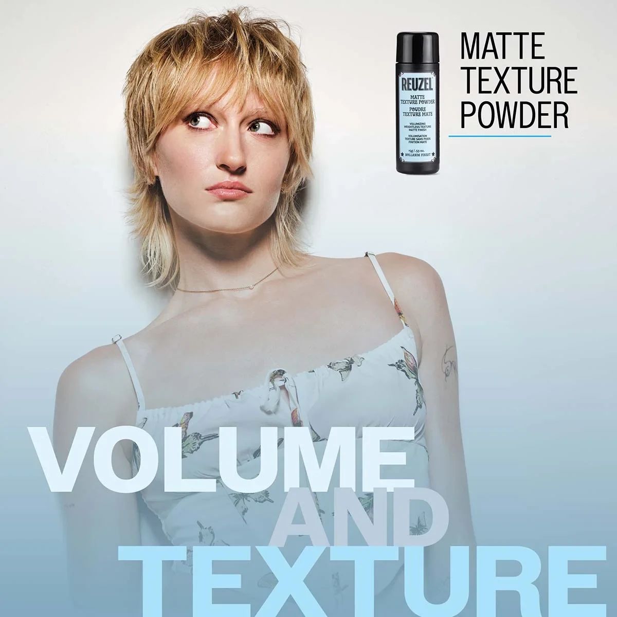 Textured blond mullet styled with Reuzel Matte Texture Powder