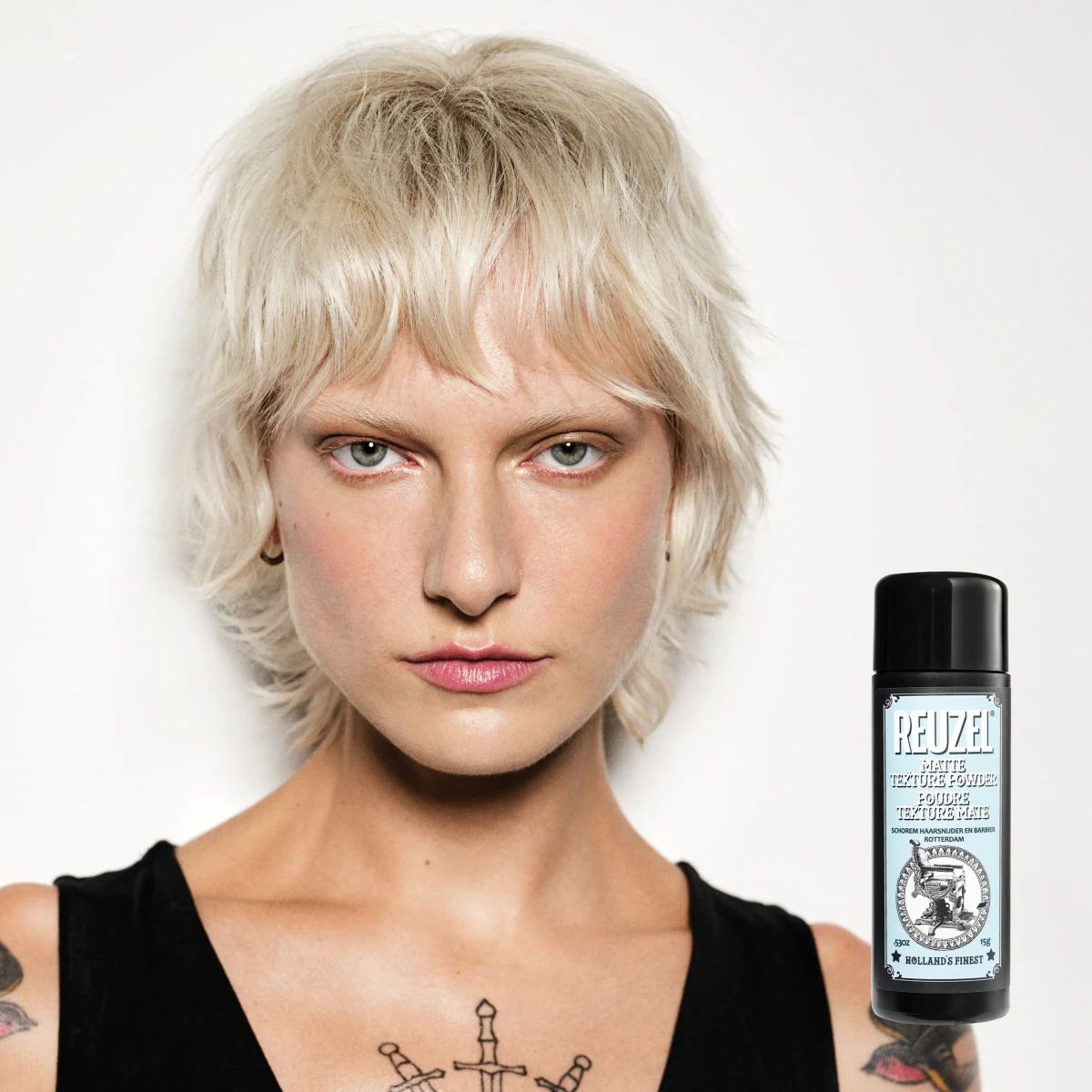 Bleached textured hairstyle styled with Reuzel Matte Texture Powder