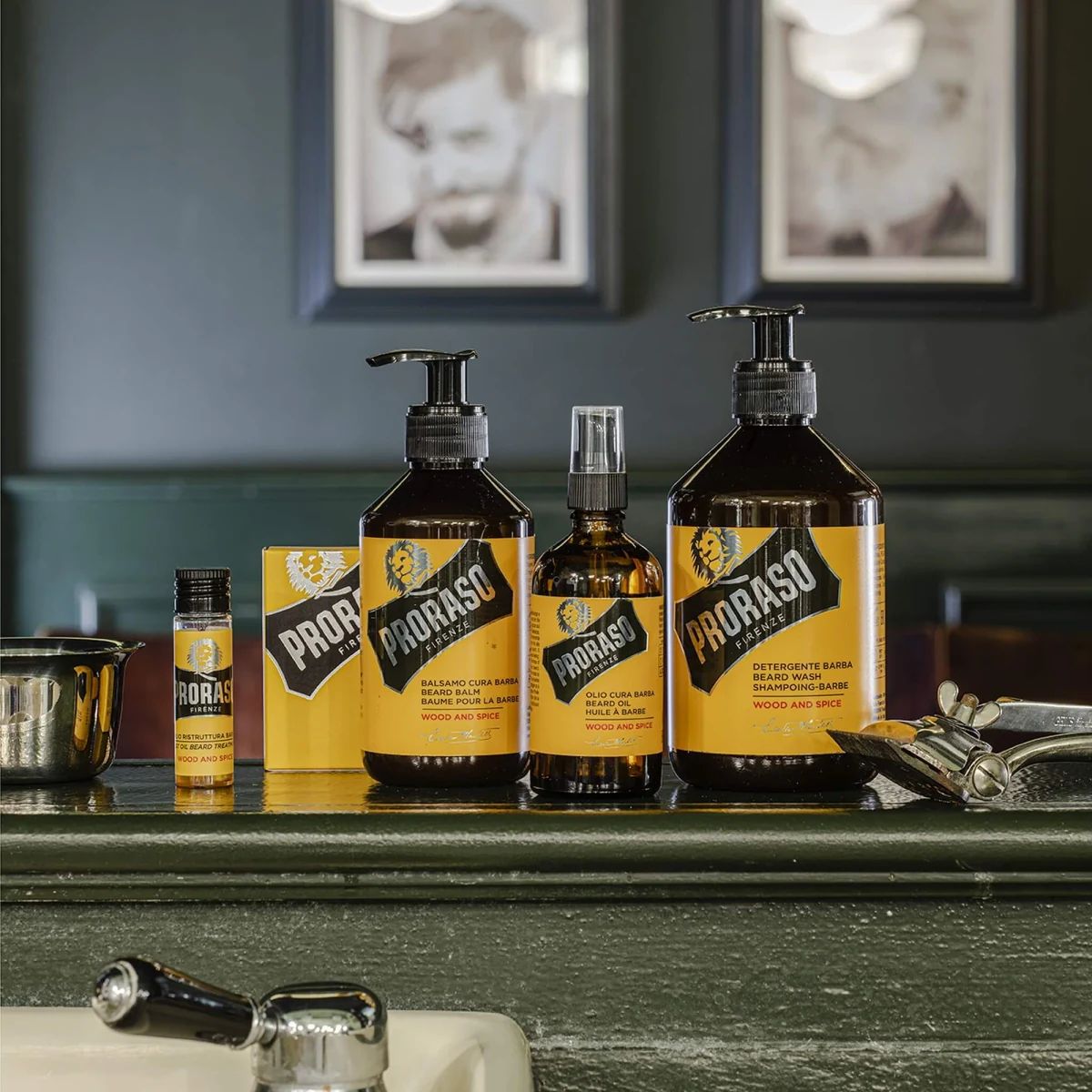 Proraso Wood & Spice professional beard care line with the 500ml beard wash on a barbershop counter