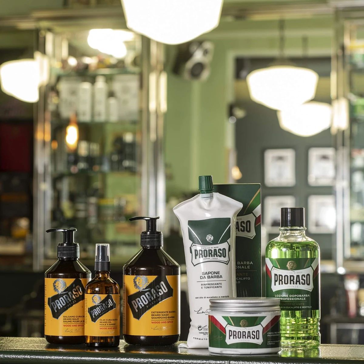 Proraso Beard Wash Wood & Spice 500ml beside the professional beard balm, beard oil and shaving line in a barbershop