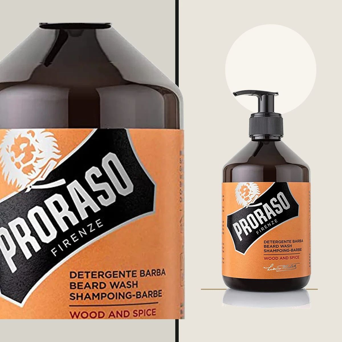 Close view of the Proraso Wood & Spice beard wash label with the 500ml pump bottle