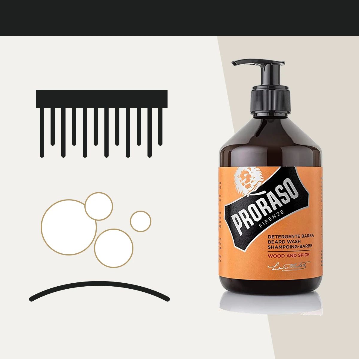 Proraso Beard Wash Wood & Spice 500ml with a beard comb and lather