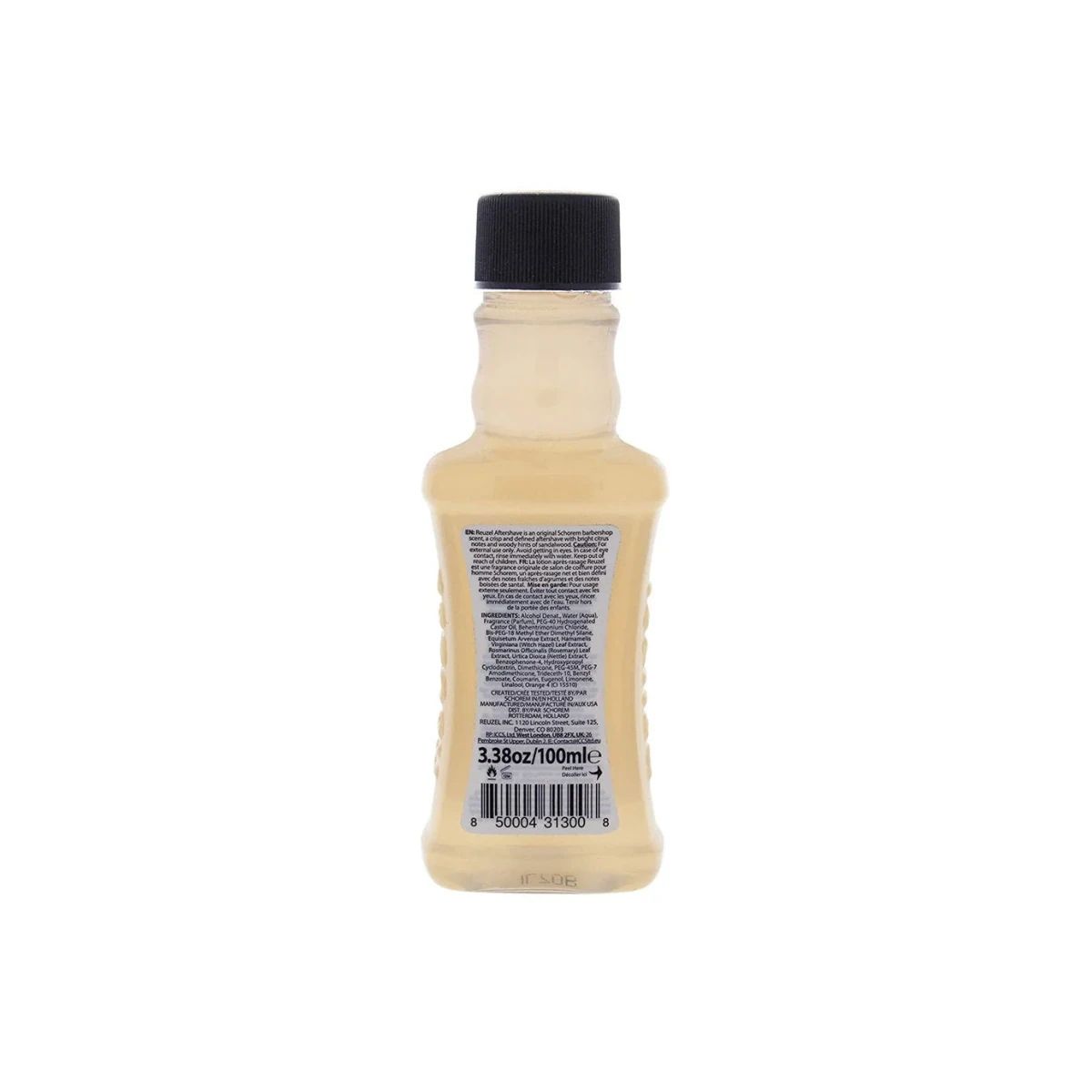 Back label of Reuzel Wood & Spice Aftershave 100ml with directions, ingredients and barcode