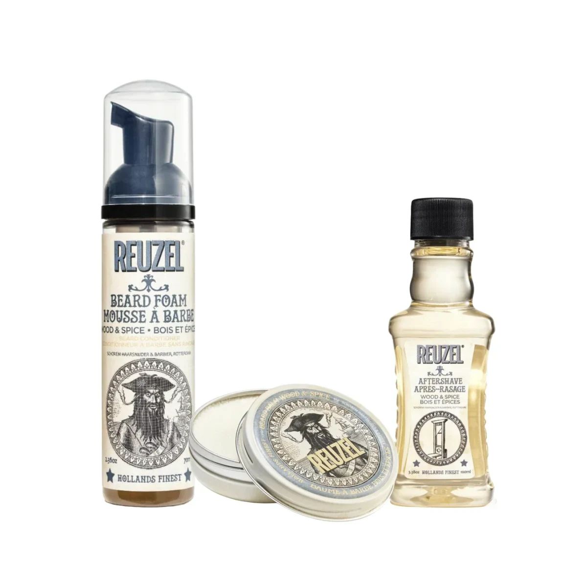 Reuzel Wood & Spice Aftershave 100ml with the Wood & Spice beard foam and beard balm