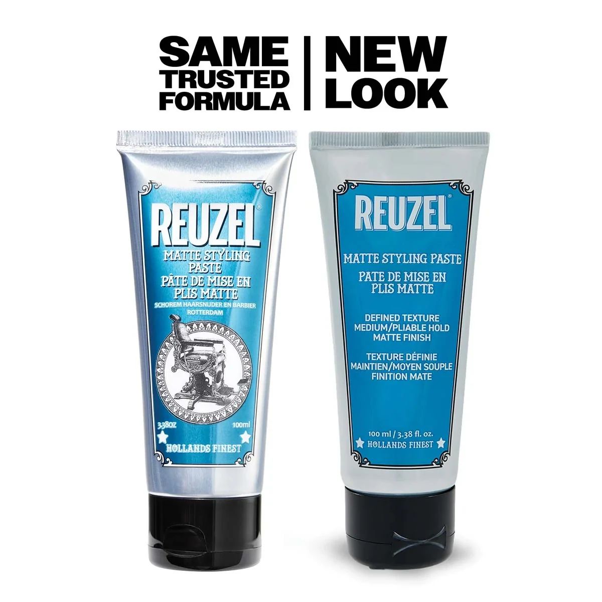 Previous and current Reuzel Matte Styling Paste 100ml tubes side by side, same formula with a new label