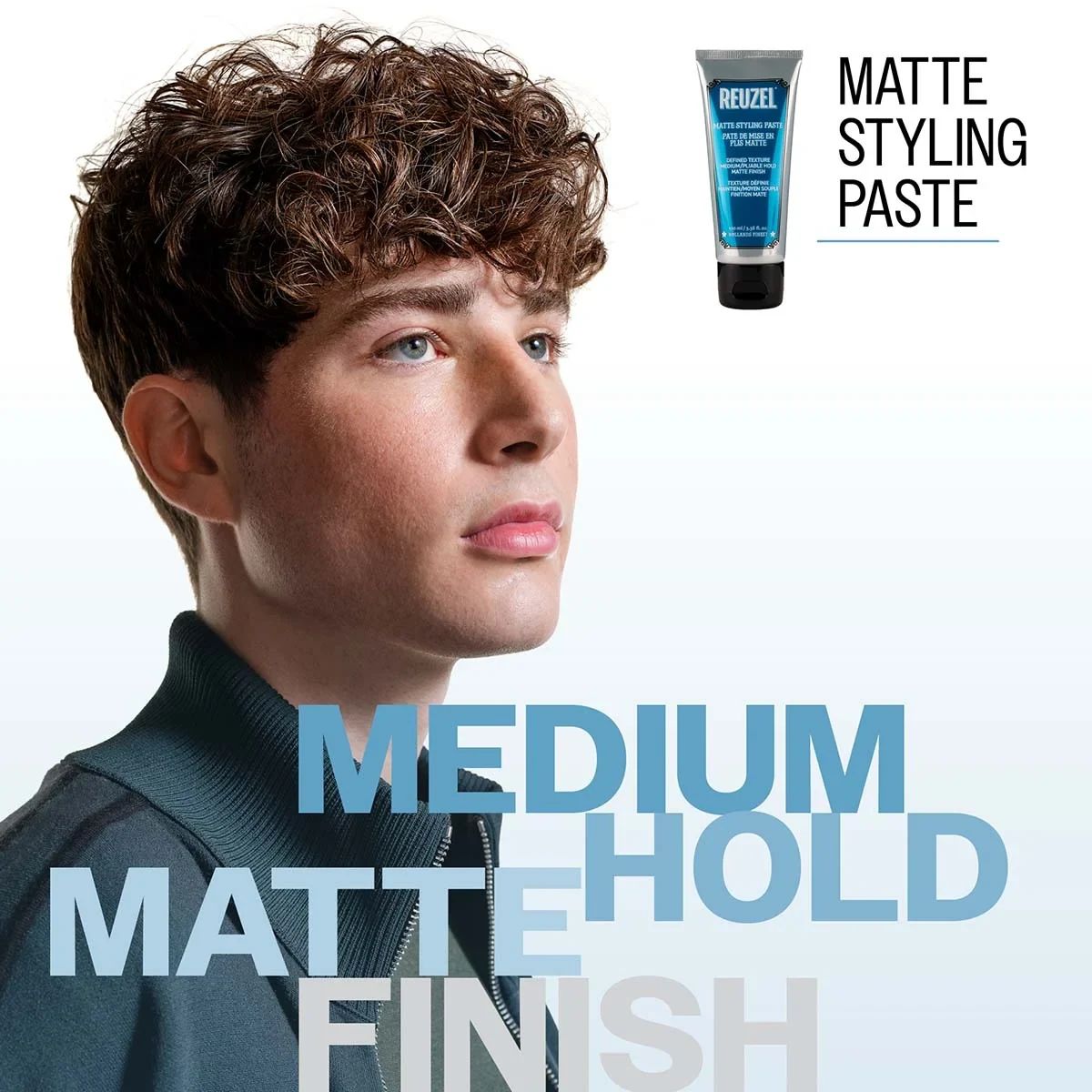Short curly textured crop showing the medium hold and matte finish of Reuzel Matte Styling Paste