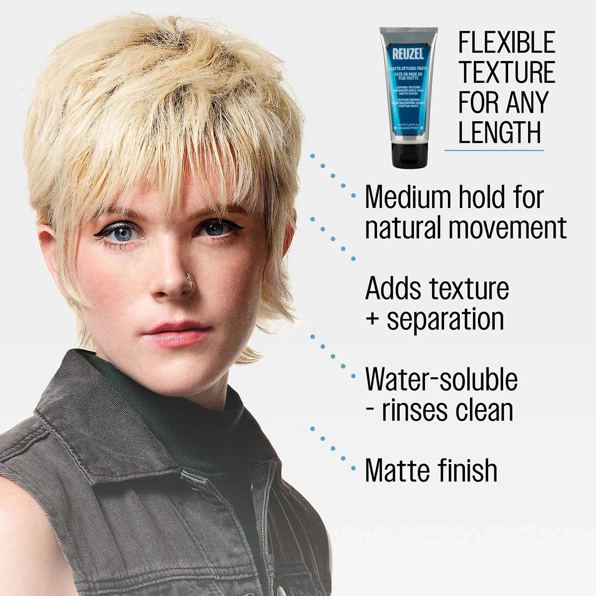 Textured blonde shag styled with Reuzel Matte Styling Paste for texture and separation