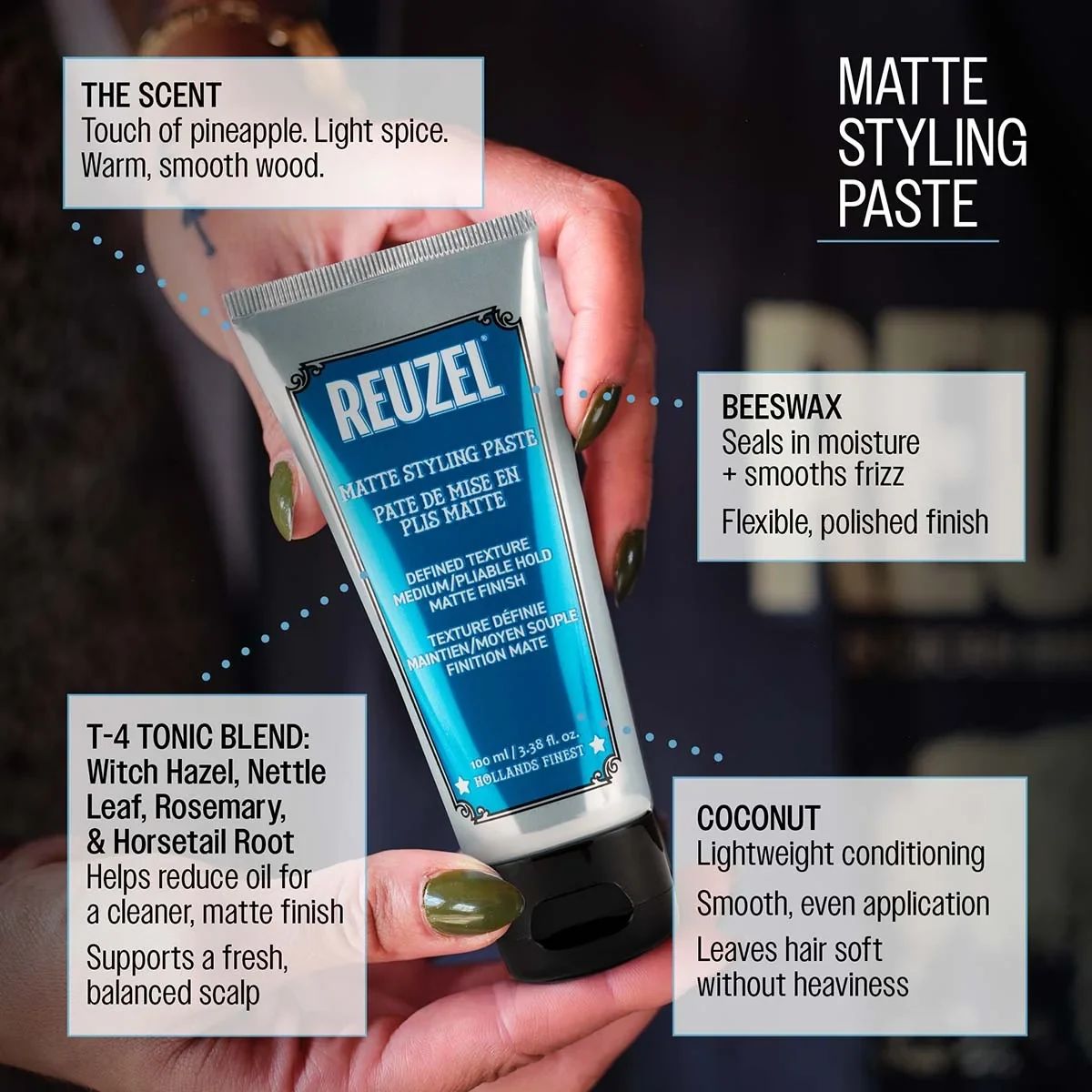Hands holding Reuzel Matte Styling Paste with scent notes and key ingredient callouts