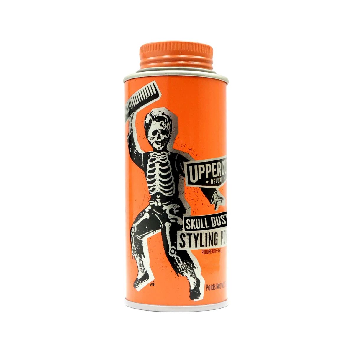 Skull Dust Styling Powder tin turned to show the Jim Madison skeleton artwork