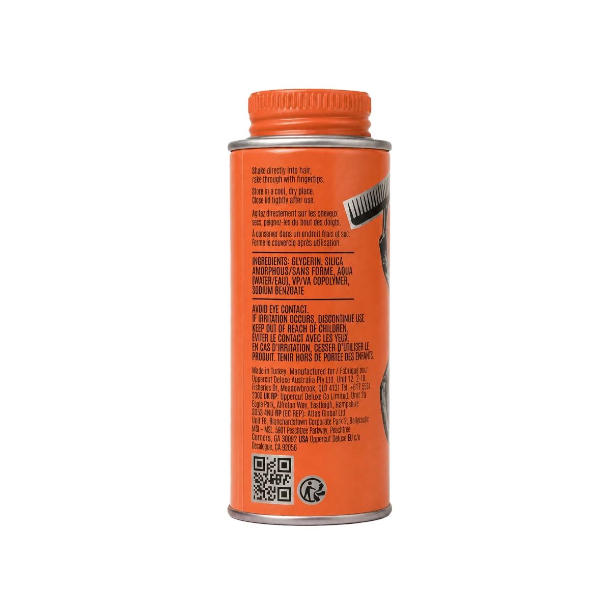 Back label of the Skull Dust Styling Powder tin with directions and ingredients
