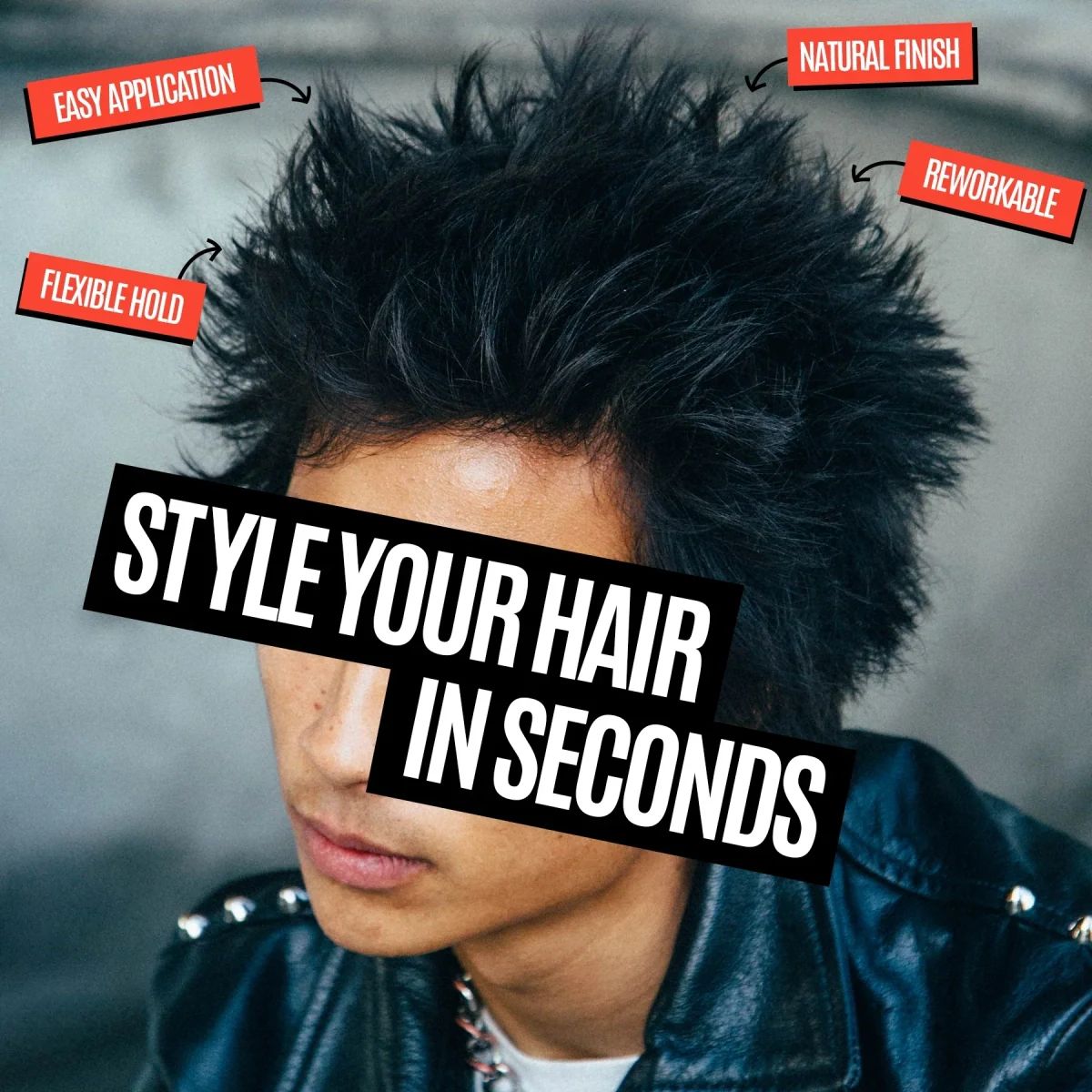 Spiky textured hair showing the easy application, flexible hold, natural finish and reworkable styling of Skull Dust
